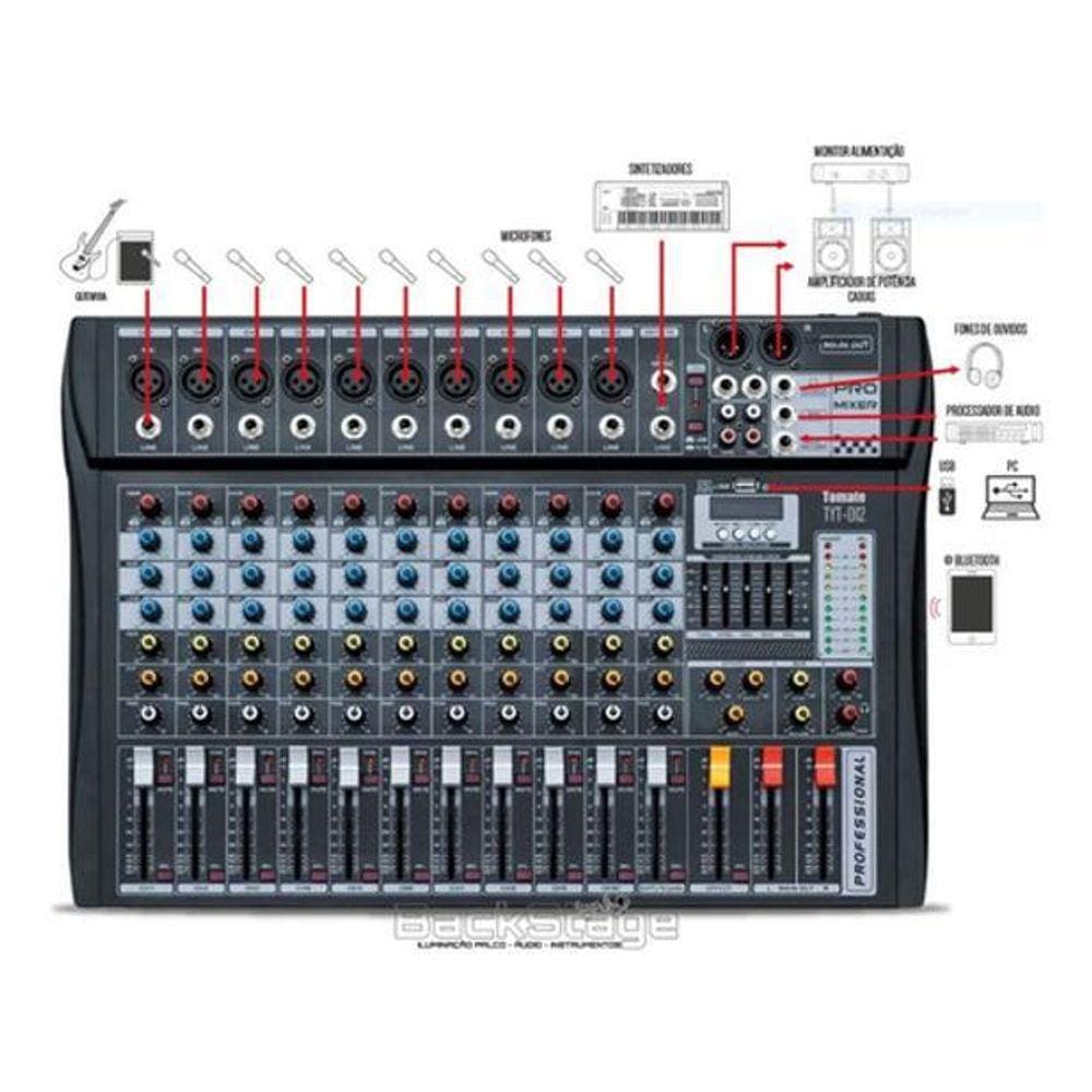 Mesa De Som Bluetooth USB Mixer MP3 12 Canais TYT012