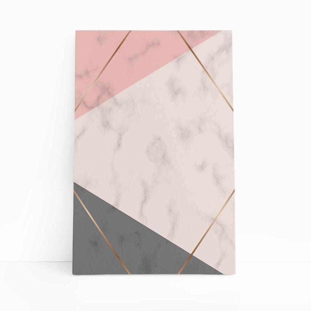 Quadro Geométrico Rosa Cinza E Dourado Canvas 60X40Cm