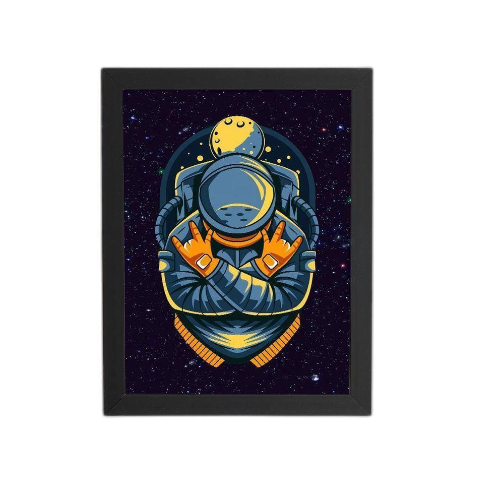 Astronauta Azul Desenho Lua Quadro Moldura Preta 60X40Cm
