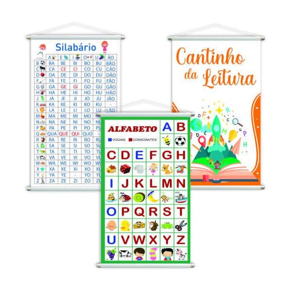 Silabário + Leitura + Alfabeto Vogais Kit 3 Banners 80X50Cm