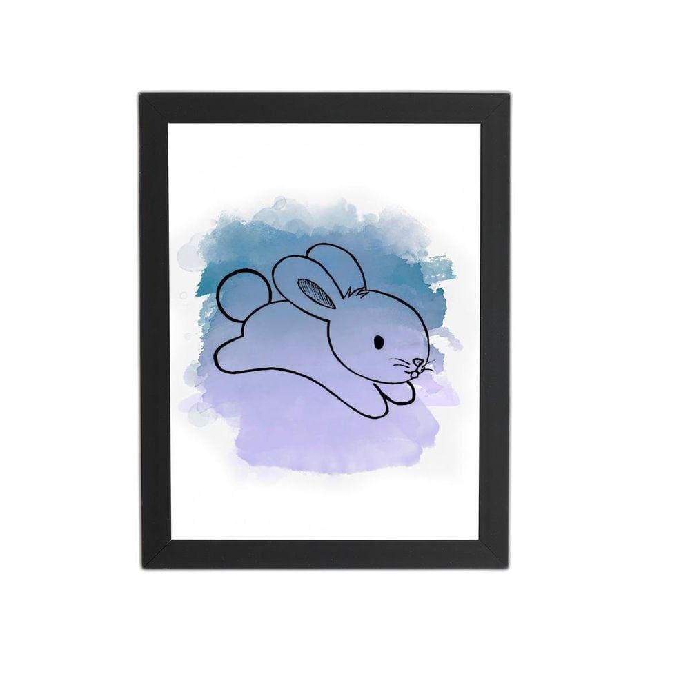 Coelho Azul Animais Colorido Quadro Moldura Preta 60X40Cm