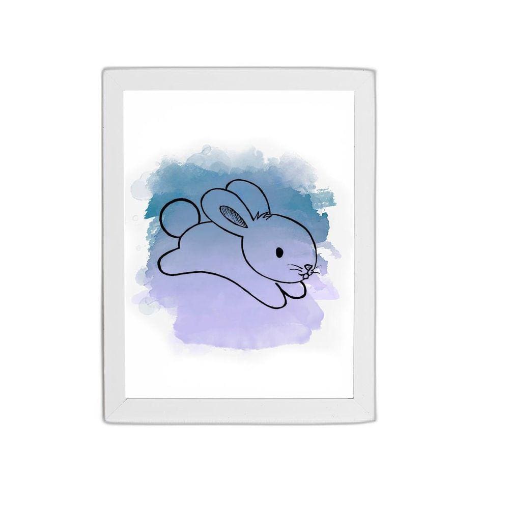 Coelho Azul Animais Colorido Quadro Moldura Branca 60X40Cm