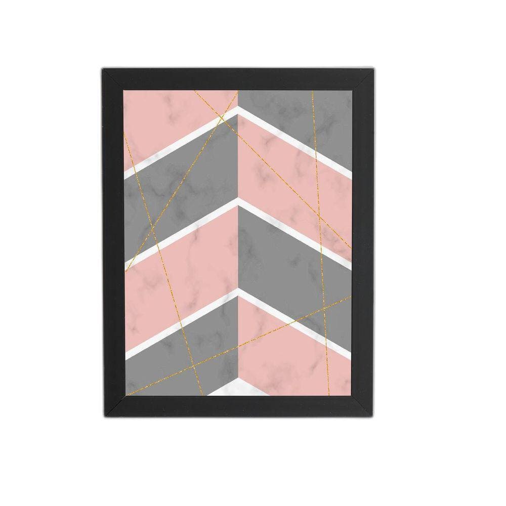 Quadro Geométrico Rosa Cinza E Branco Moldura Preta 60X40Cm