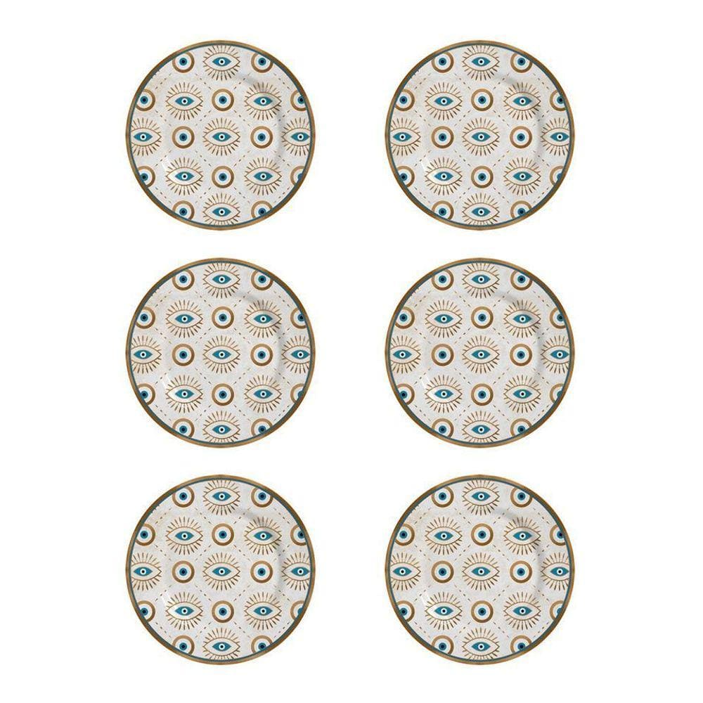Conjunto De 6 Pratos Raso Olho Grego Alleanza Branco E Azul