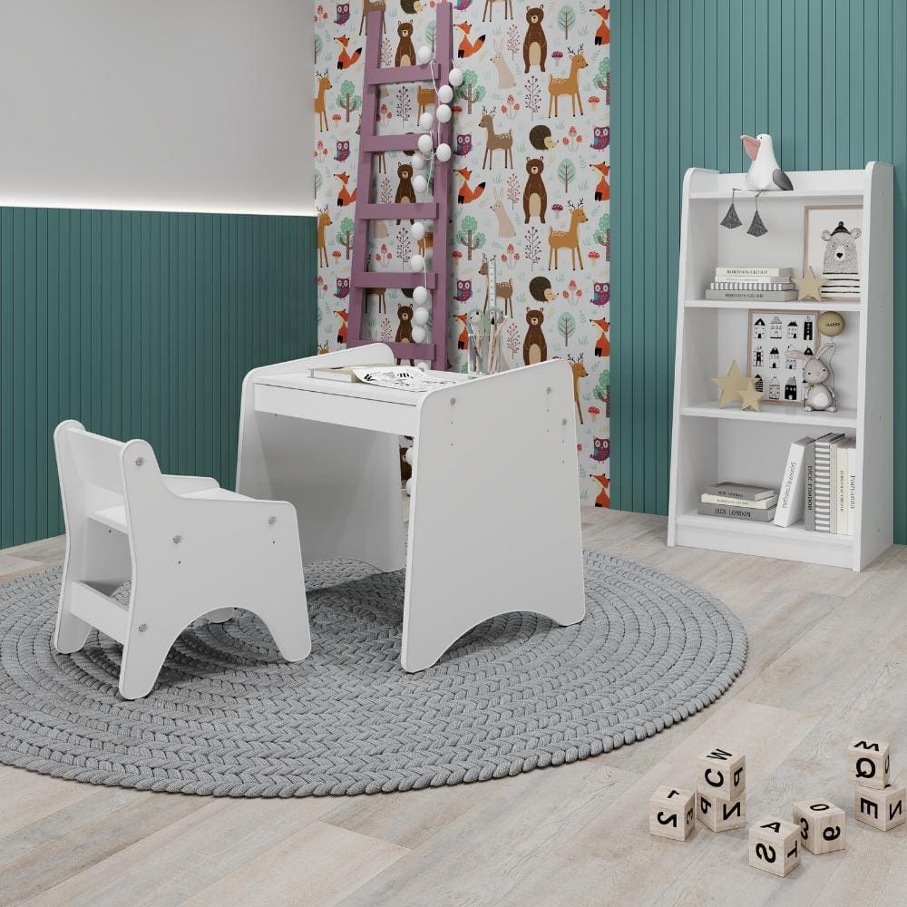 Conjunto Infantil 1 Mesa 1 Cadeira com Regulagem 1 Estante Branco