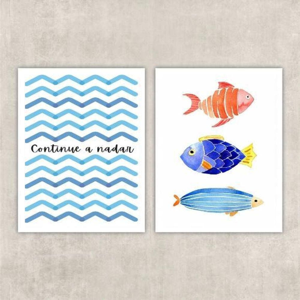 Kit 2 Quadros Peixes 24x18cm - Decoração Quarto/Sala