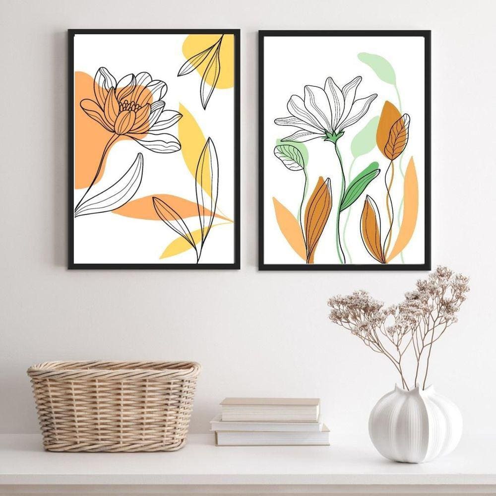 Kit 2 Quadros Flores Aquarela 33x24cm Vidro+Moldura Preta
