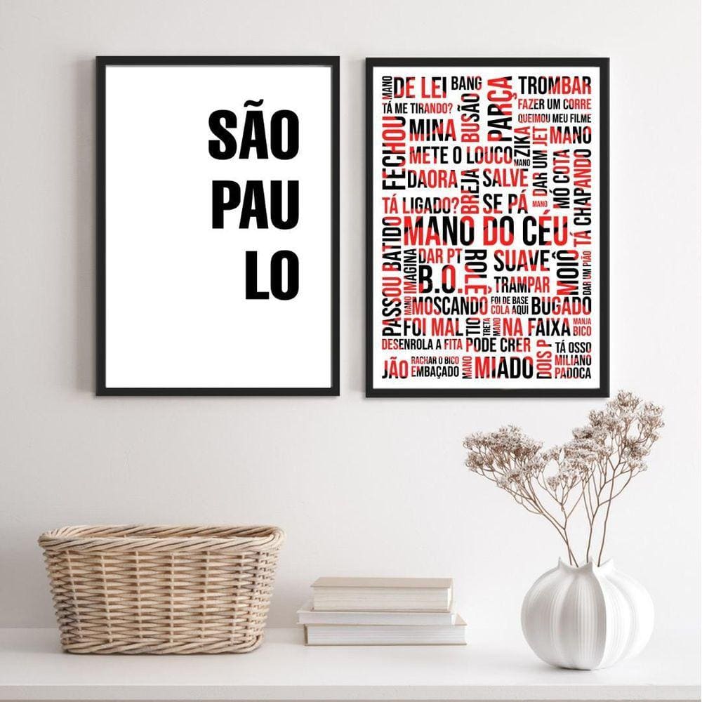 Kit 2 Quadros SP Gírias Preto/Vermelho 24x18cm - Branco