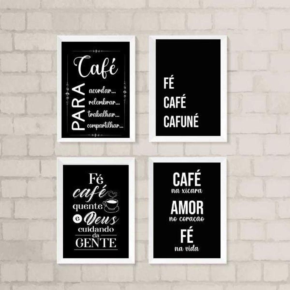 Kit 4 Quadros Cantinho Café com Fé 45x34cm - Preta