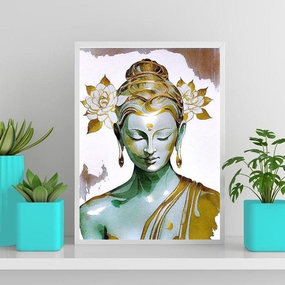 Quadro Buda Branco Com Dourado 33X24Cm - Com Vidro Branca