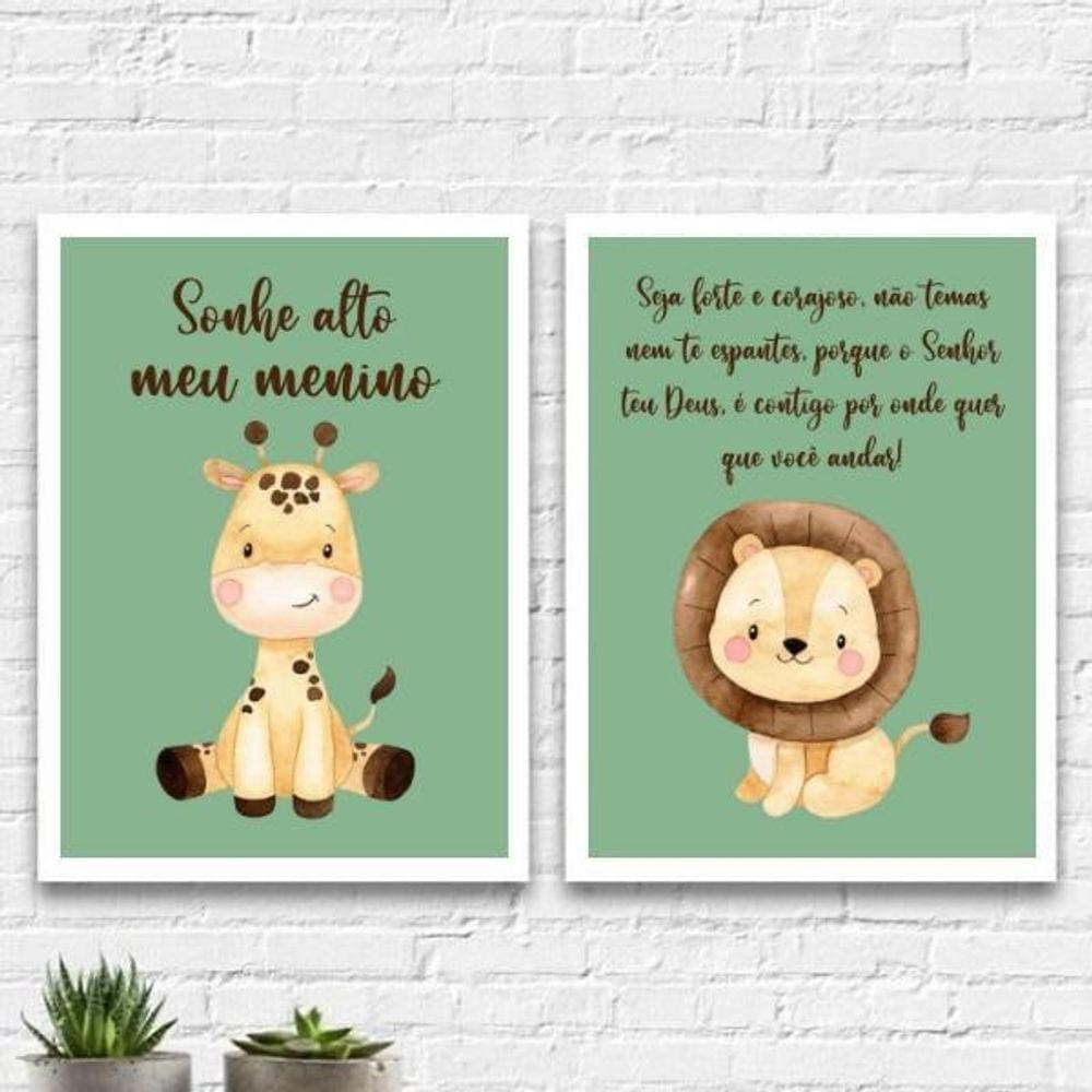 Kit 2 Quadros Infantil Tema Safari Sonhe Alto 33X24Cm Branca