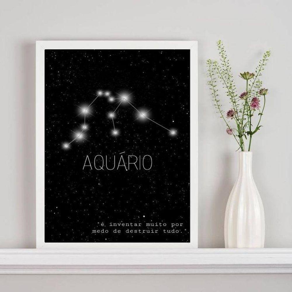 Quadro Constelação Signo Aquário 45x34cm - Madeira Branca