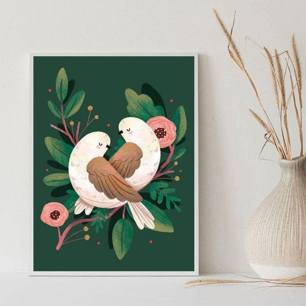 Quadro Casal De Passarinhos Retrô Vintage 24X18Cm