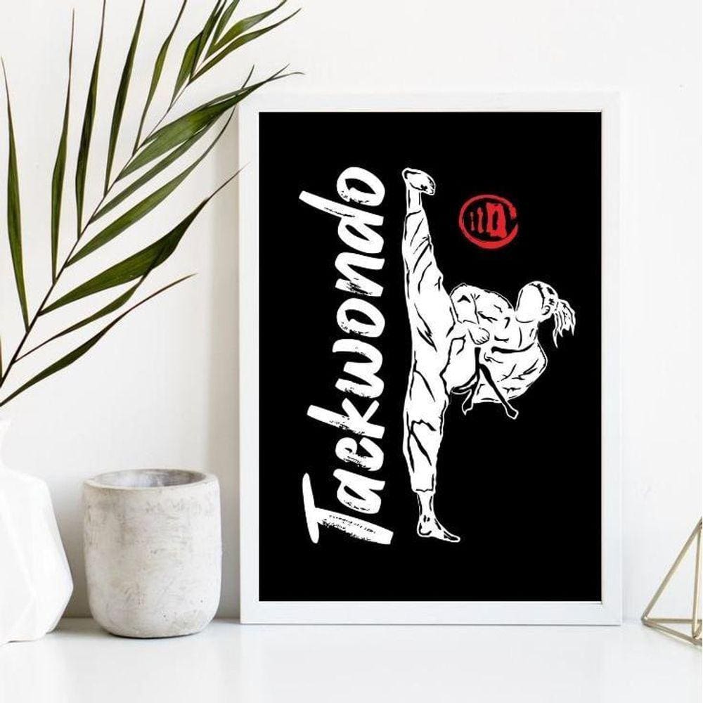 Quadro Decorativo Taekwondo 33x24cm - Vidro, Moldura Branca