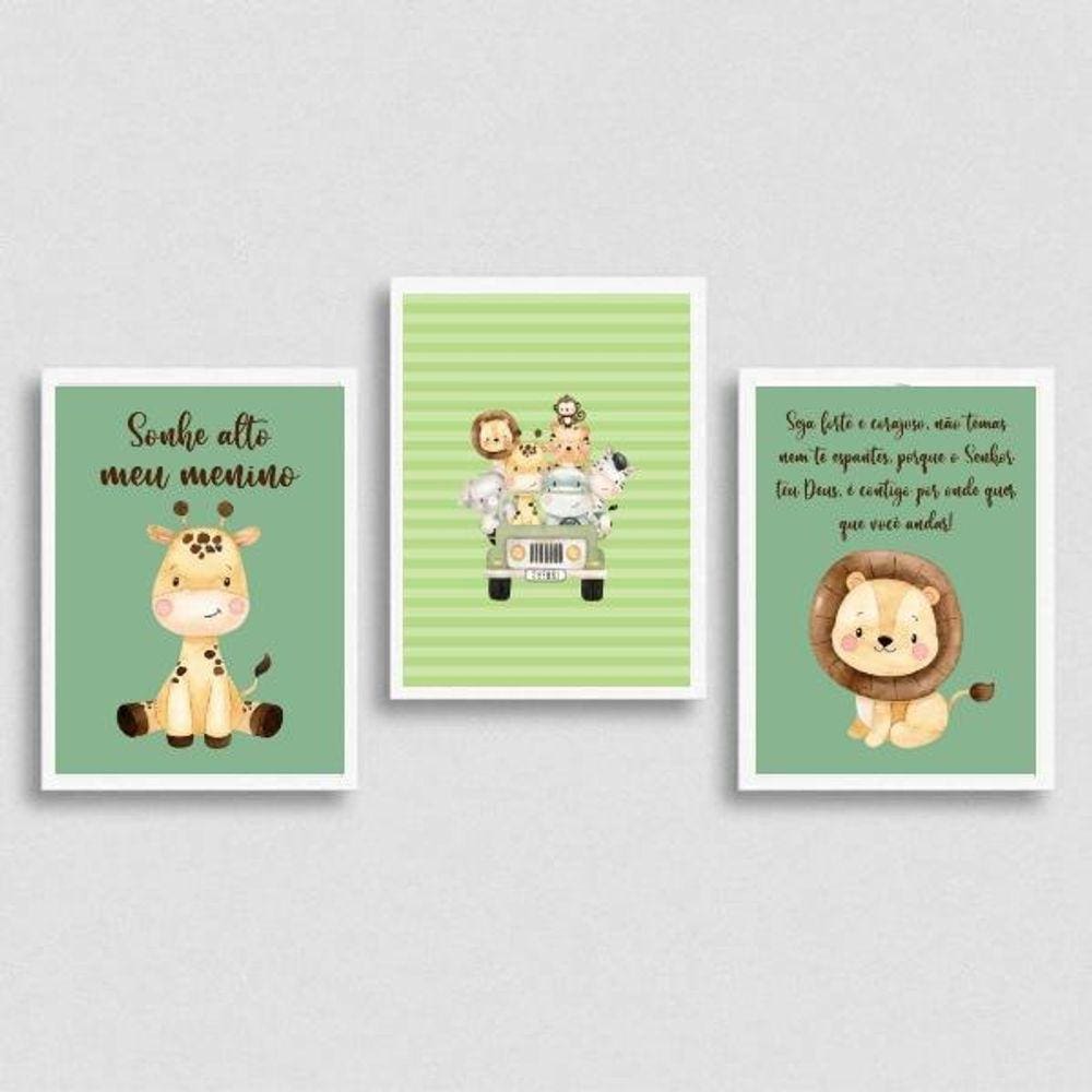 Kit 3 Quadros Tema Safari Infantil 45x34cm - Vidro Branca