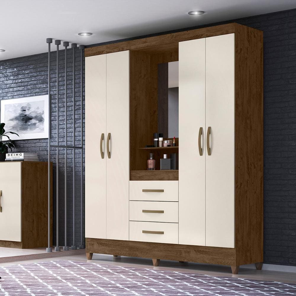 Guarda Roupa Casal 4 portas com espelho 3 gavetas Capri