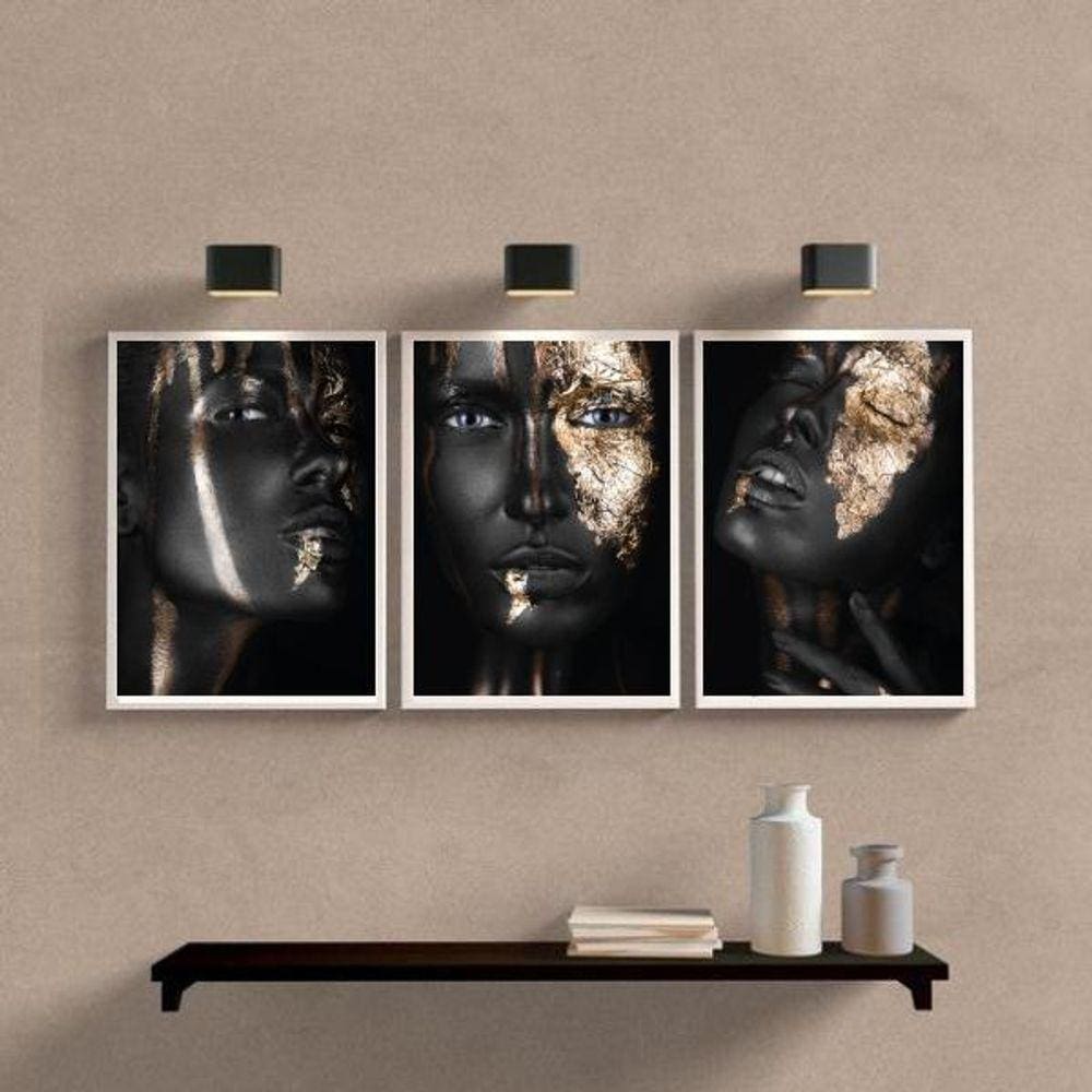 Kit 3 Quadros Sala Mulher Black Gold 24x18cm