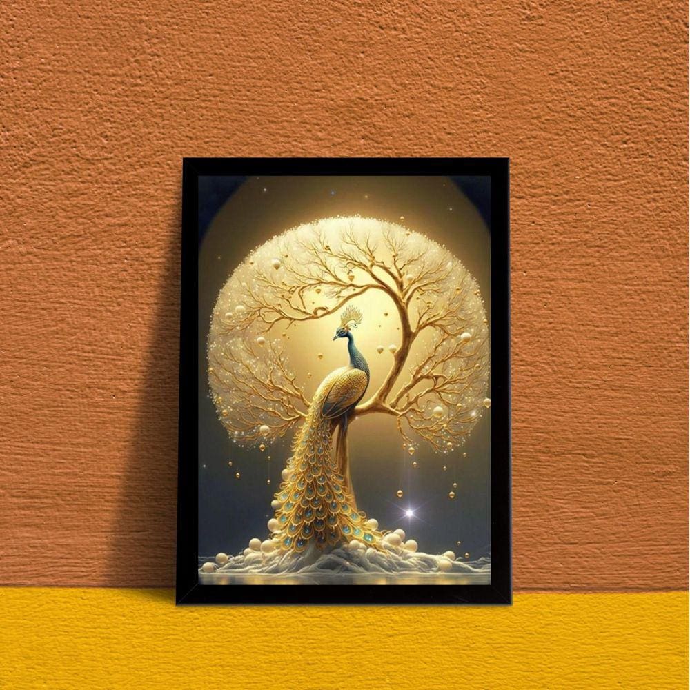 Quadro Decorativo Pavão Dourado 24x18cm Moldura Branca