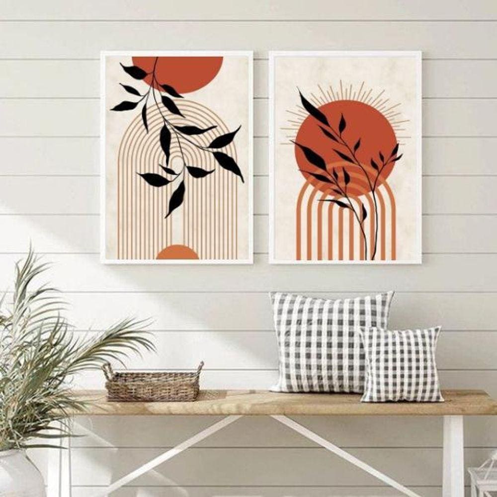 Quadros Decorativos Boho Sol Folhas 45x34cm - Vidro