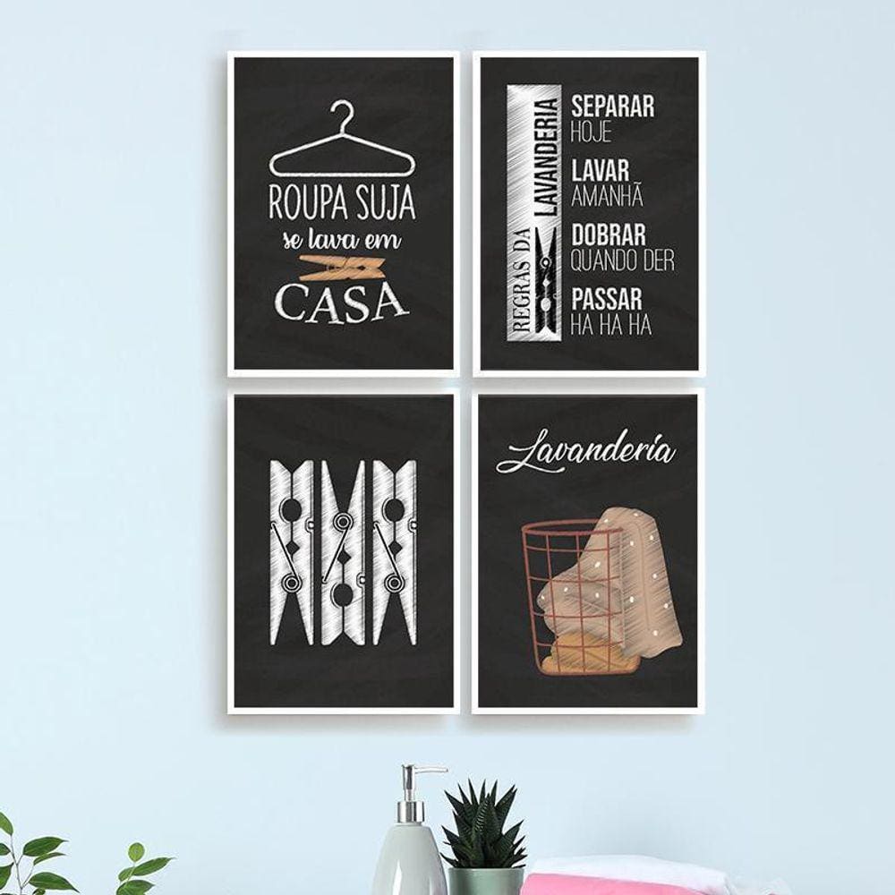 Kit 4 Quadros Decorativo Lavanderia Giz 45X34Cm Preta