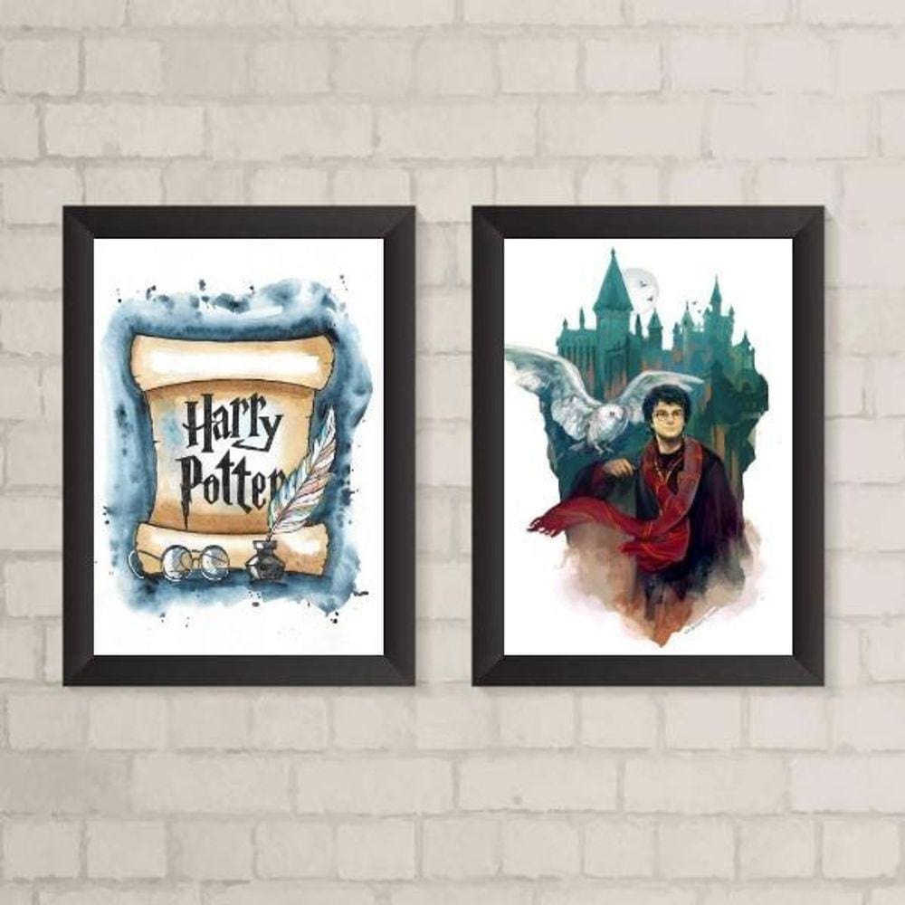 Quadros Aquarela Harry Potter - Kit 2 - 24x18cm - Preta