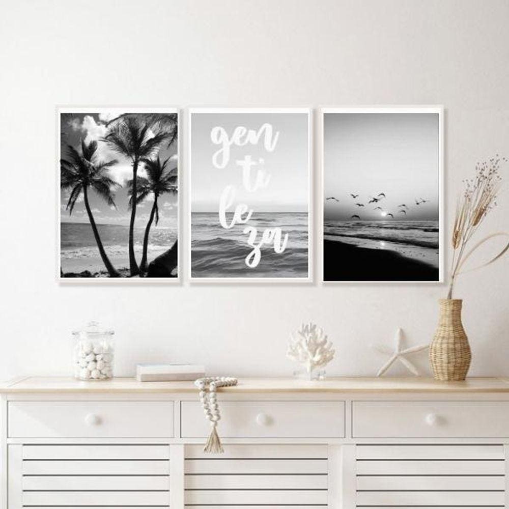 Kit 3 Quadros Praia Preto E Branco Gentileza 45X34Cm