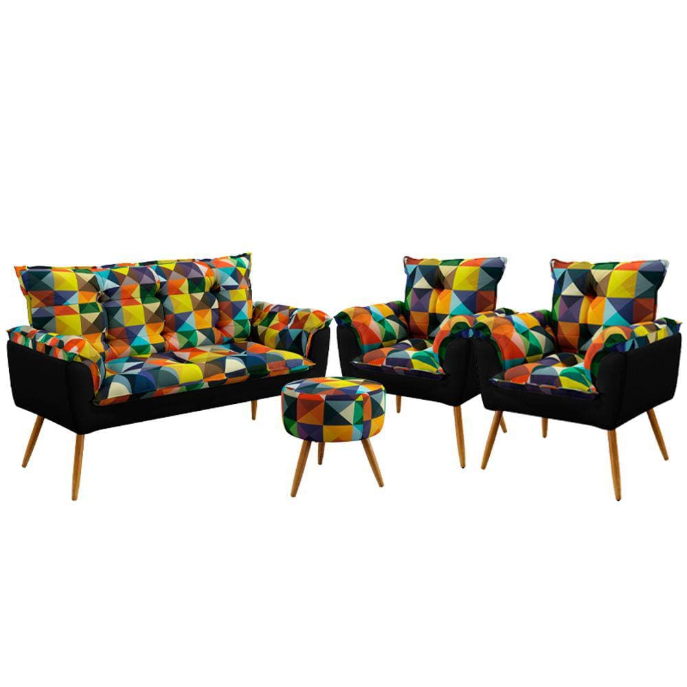 Namoradeira e 2 Poltronas Opala com Puff Solar F-015 Sued Estampado Colorido com Sued Aradecor