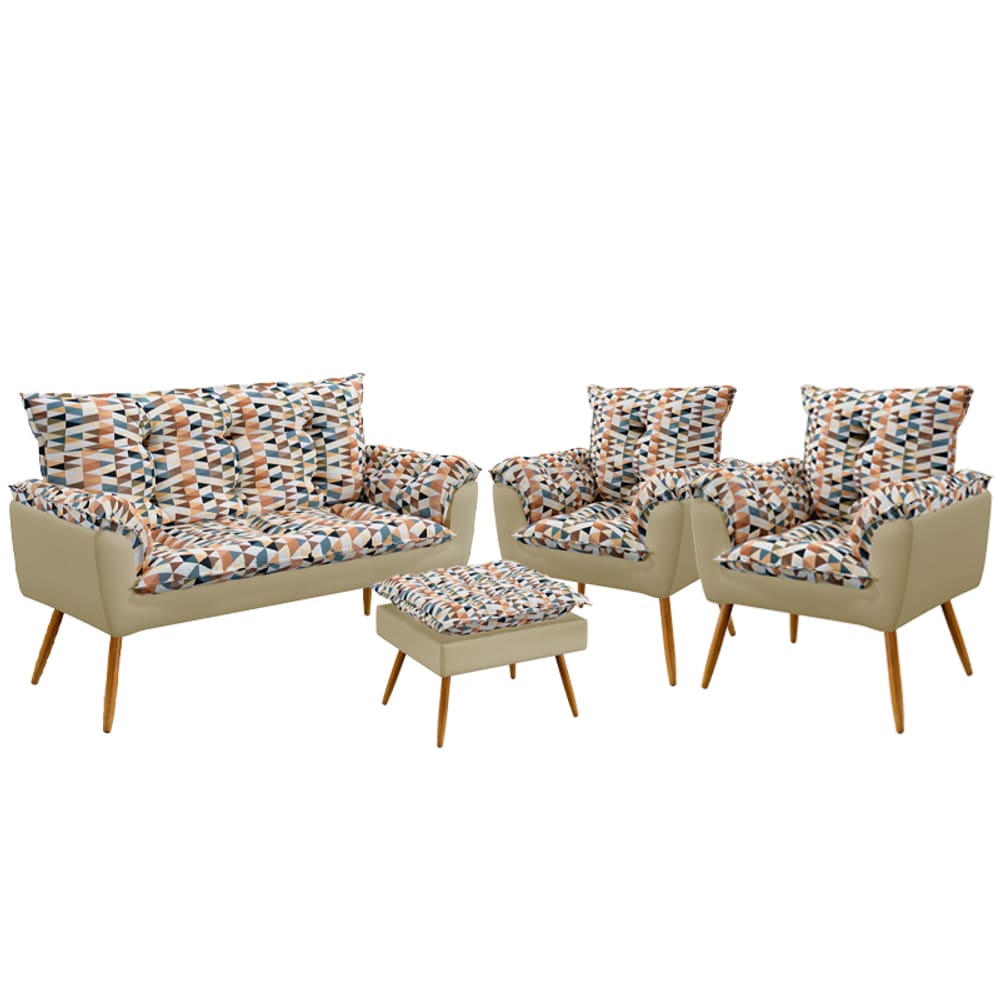 Namoradeira e 2 Poltronas Beta com Puff Lunar F-014 Sued Estampado Bege com Sued Aradecor