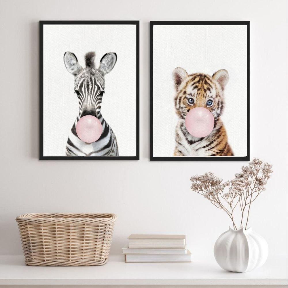 Kit 2 Quadros Girafa Tigre 33x24cm Moldura Preta