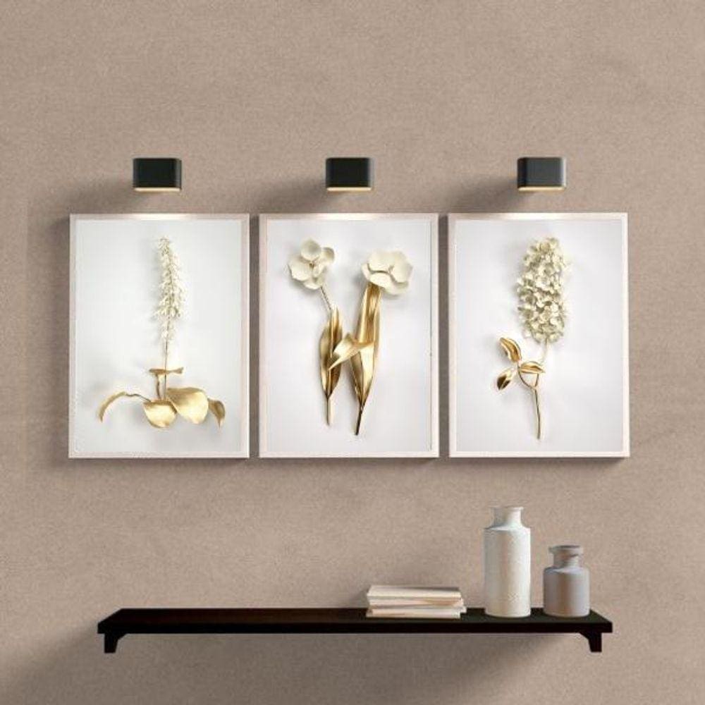 Kit 3 Quadros Flores Dourado 24x18cm - Moldura Preta