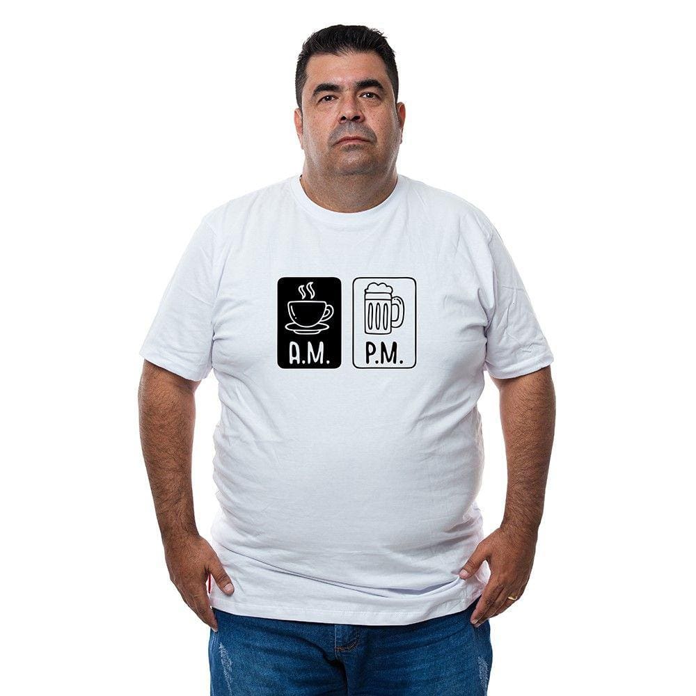 Camiseta Masculina Plus Size Algodao Manga Curta Estampa AM PM Com Abridor De Garrafas Integrado