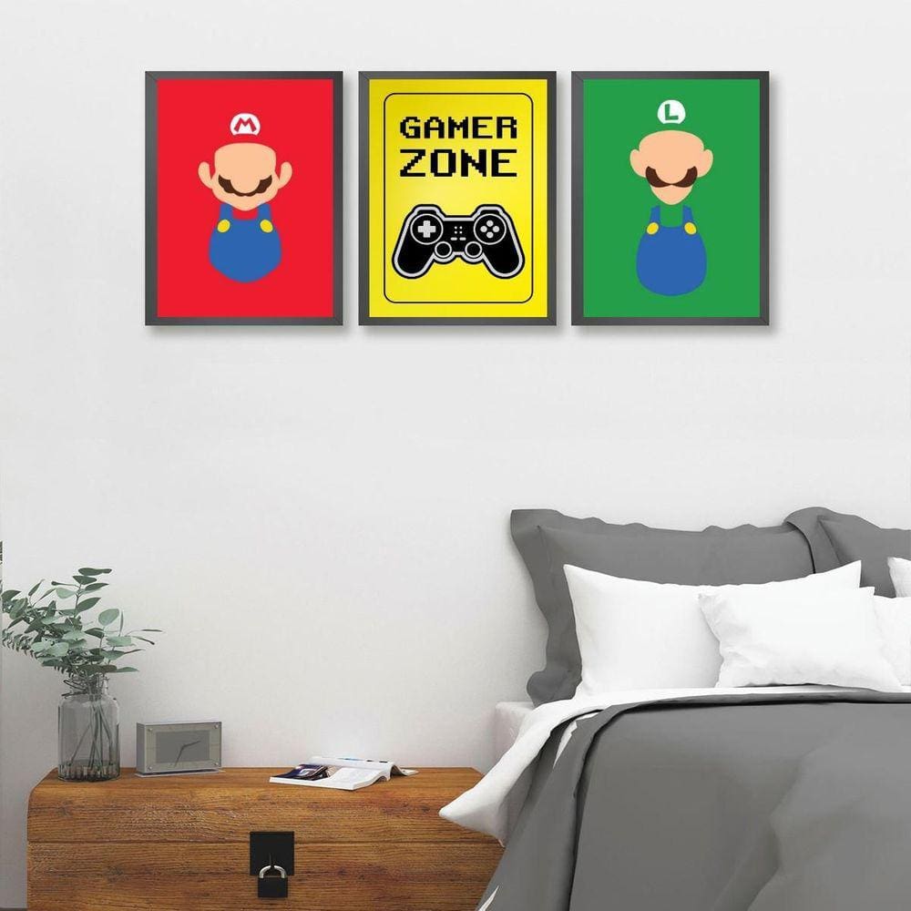Kit 3 Quadros Gamer Zone 45x34cm - Moldura Preta