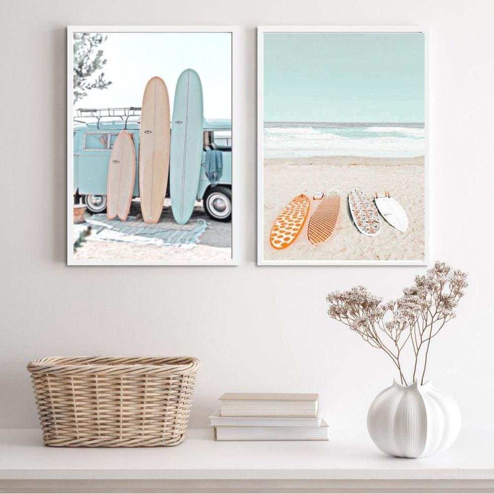 Kit 3 Quadros Praia Soft Surf 45x34cm - Madeira Branca