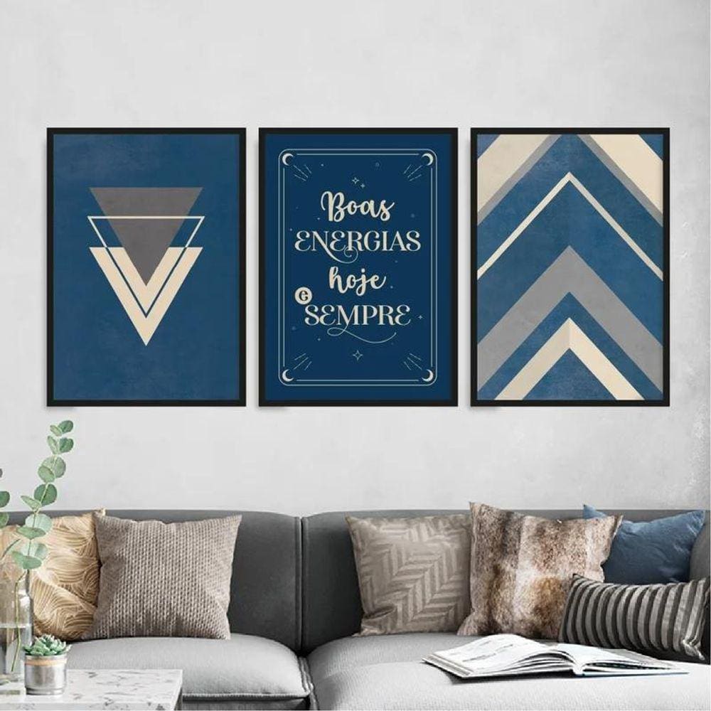 Kit 3 Quadros Abstratos Azuis - Decoração 33x24cm