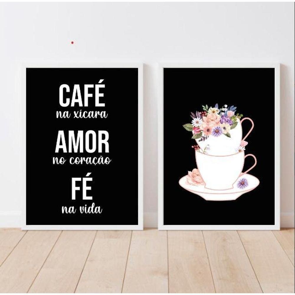 Kit 2 Quadros Café Amor Fé Floral 24x18cm - Com Vidro