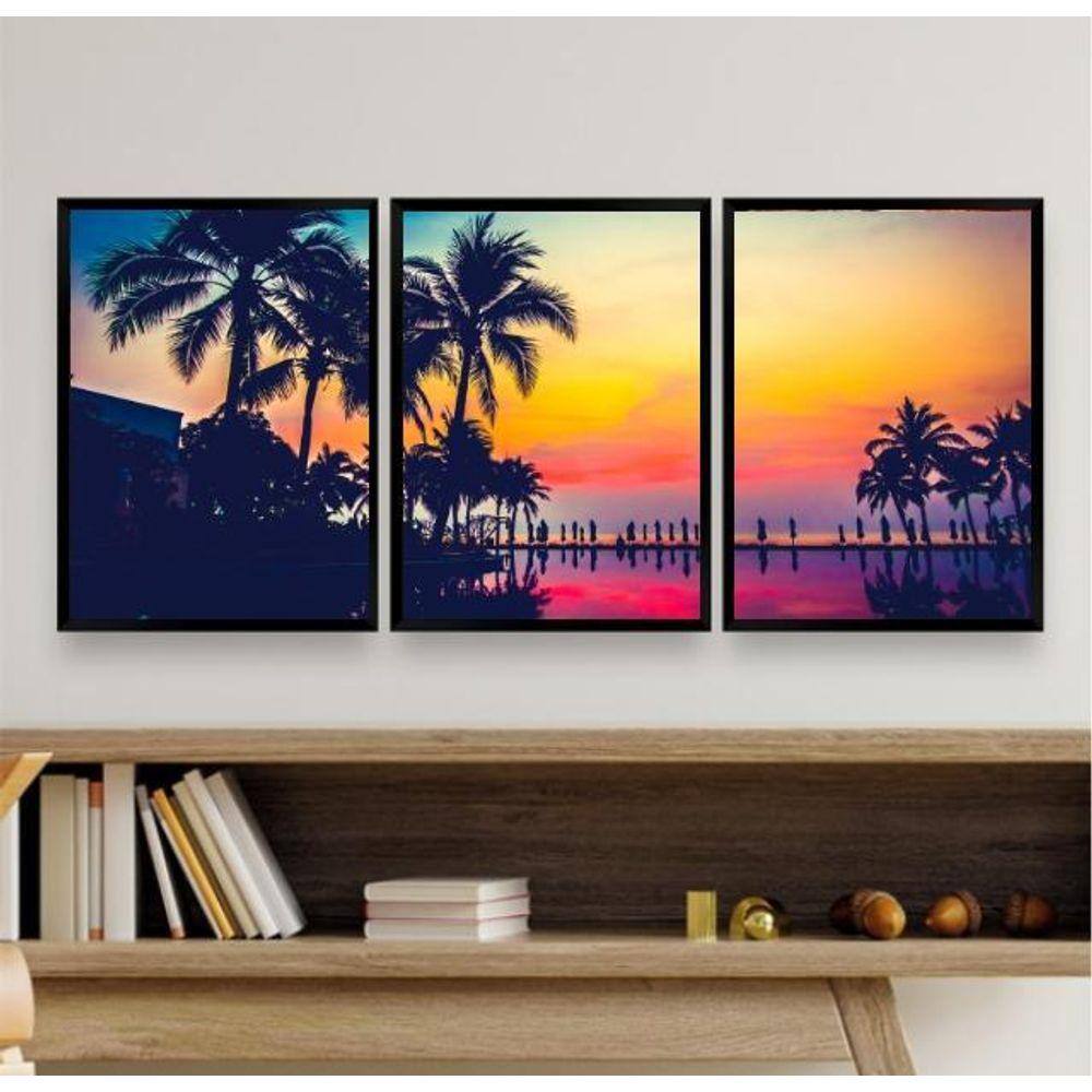 Kit 3 Quadros Praia Sol Palmeiras 45x34cm Madeira Preta