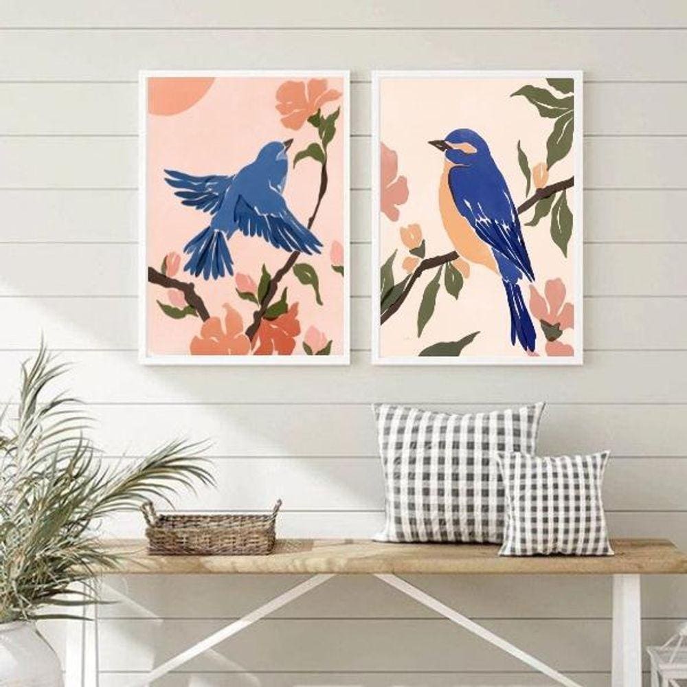 Quadros Aquarelas Passarinhos Azul 33x24cm - Moldura Preta