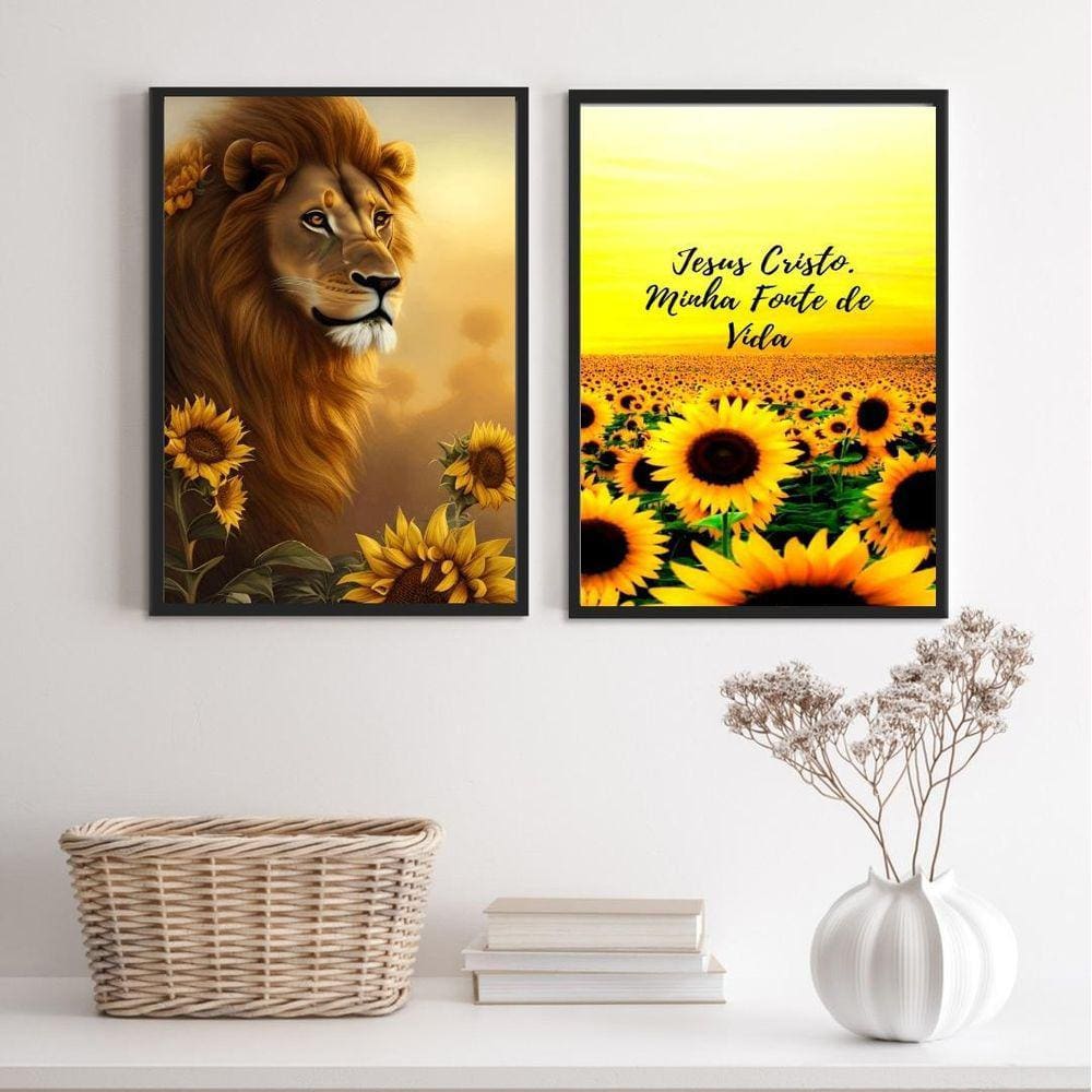 Quadros Leão Jesus Girassóis 45x34cm - Madeira Branca