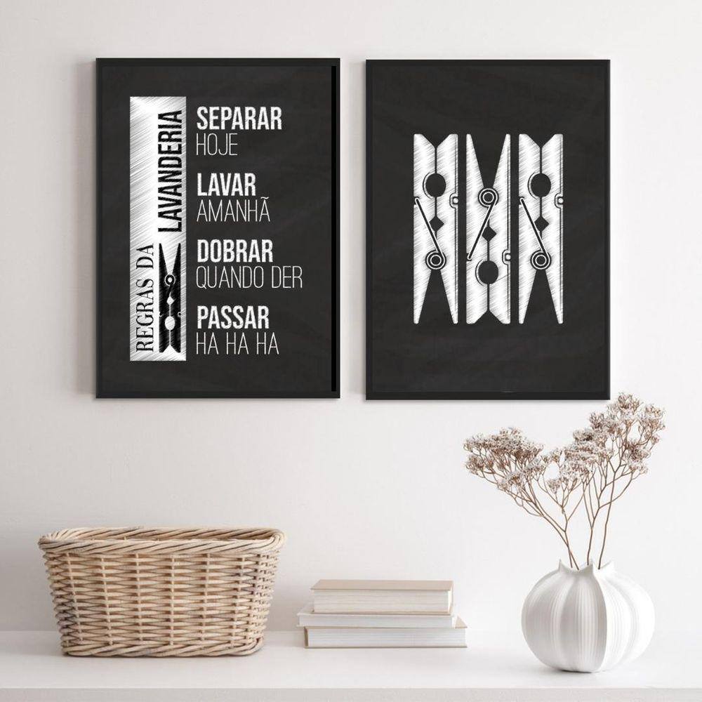 Kit 2 Quadros Lavanderia P&B 33x24cm - Moldura Branca