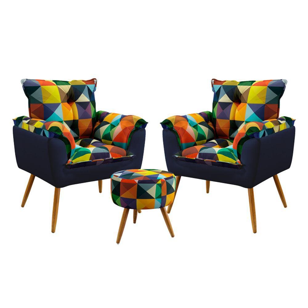 2 Poltronas Opala e Puff Solar F-015 Sued Estampado Colorido com Sued Aradecor