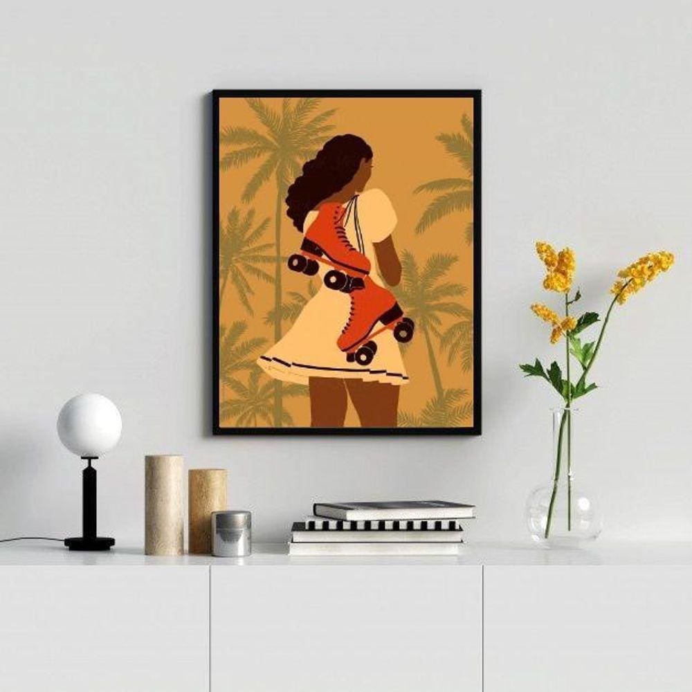 Quadro Mulher Patins Boho 33x24cm - Moldura Branca