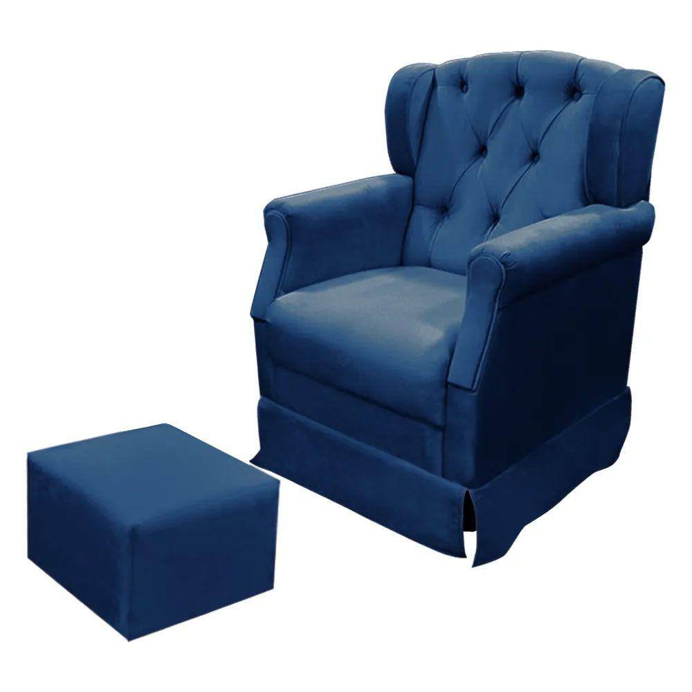 Poltrona Cadeira de Amamentação Balanço e Puff Ternura Veludo Azul Speciale Home