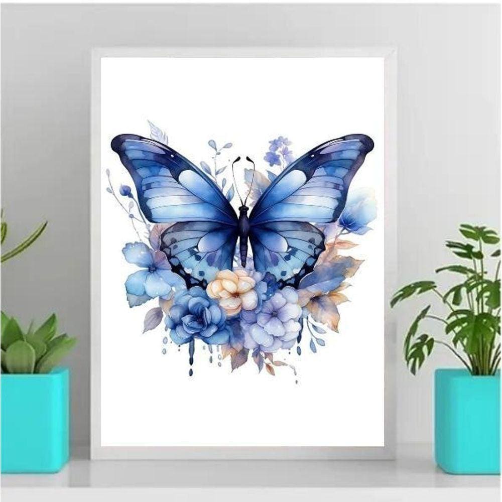 Quadro Borboleta Azul Aquarela 33x24cm - Vidro e Moldura