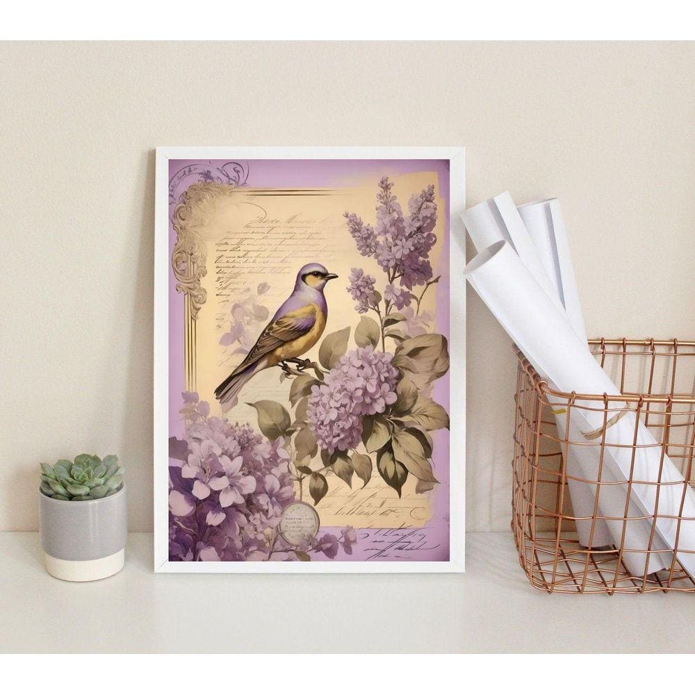 Quadro Decorativo Passarinho Lilás 45x34cm - Madeira Preta