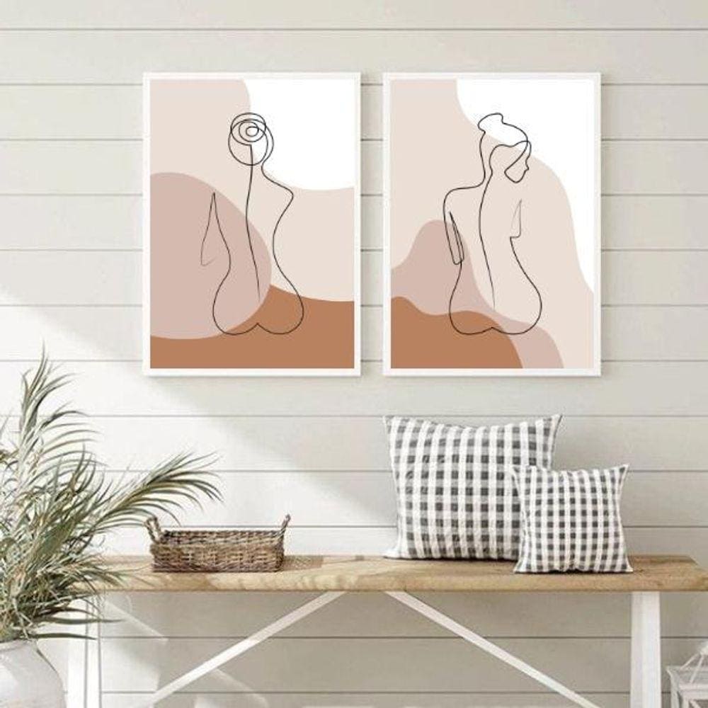 Kit 2 Quadros Nús Artíst. Bege 33x24cm - Madeira Branca
