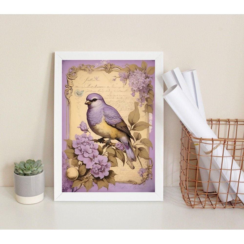 Quadro Decorativo Passarinho Lilás 45x34cm - Madeira Branca