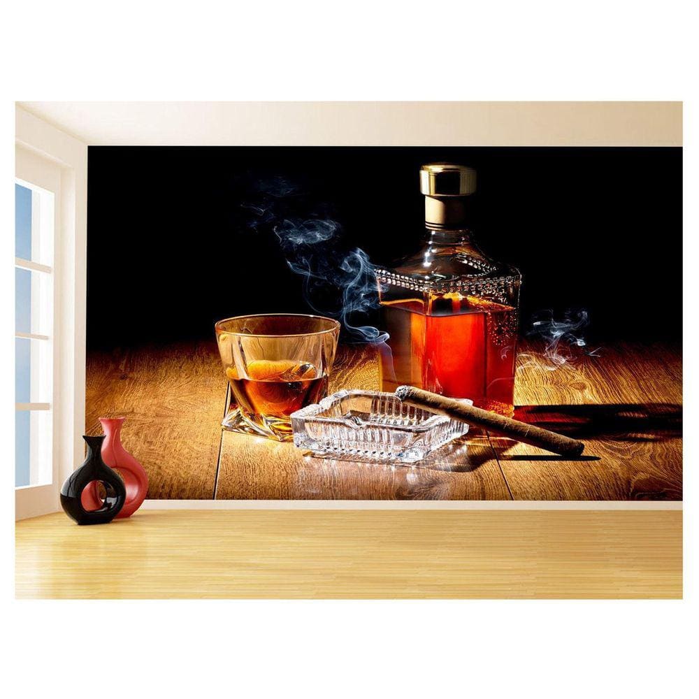 Papel De Parede 3D Bebidas Whisky Charutos Fumo 3,5M Al264