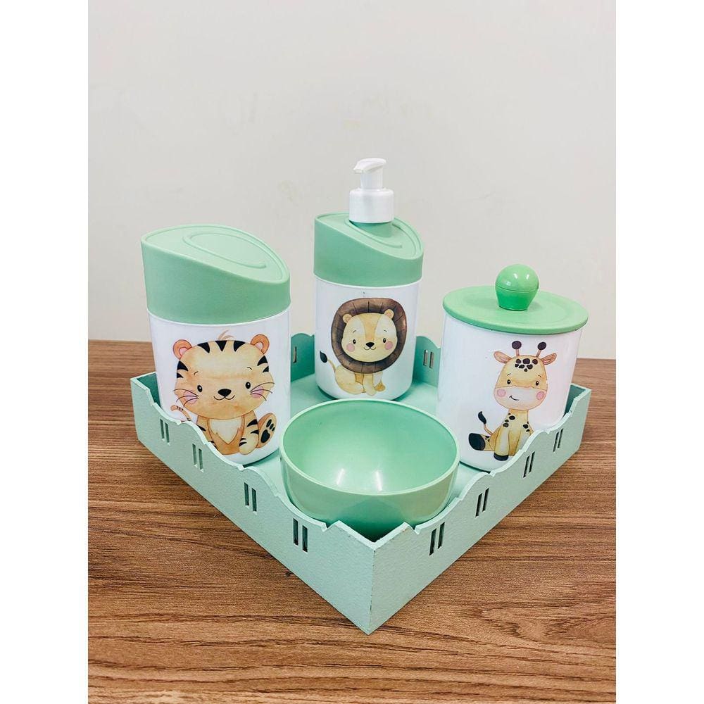 Kit Higiene Leão, Girafa, Tigre Verde C/Quadrada Verde