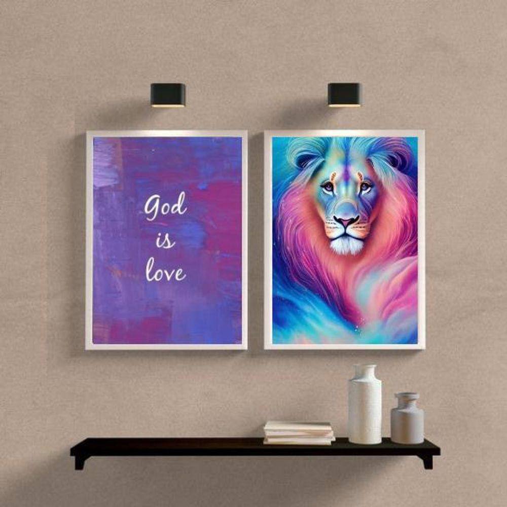 Kit 2 Quadros Leão Galaxia Deus é Amor 45x34cm com Vidro