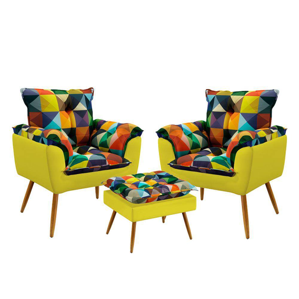 2 Poltronas Opala e Puff Lunar F-015 Sued Estampado Colorido com Sued Aradecor